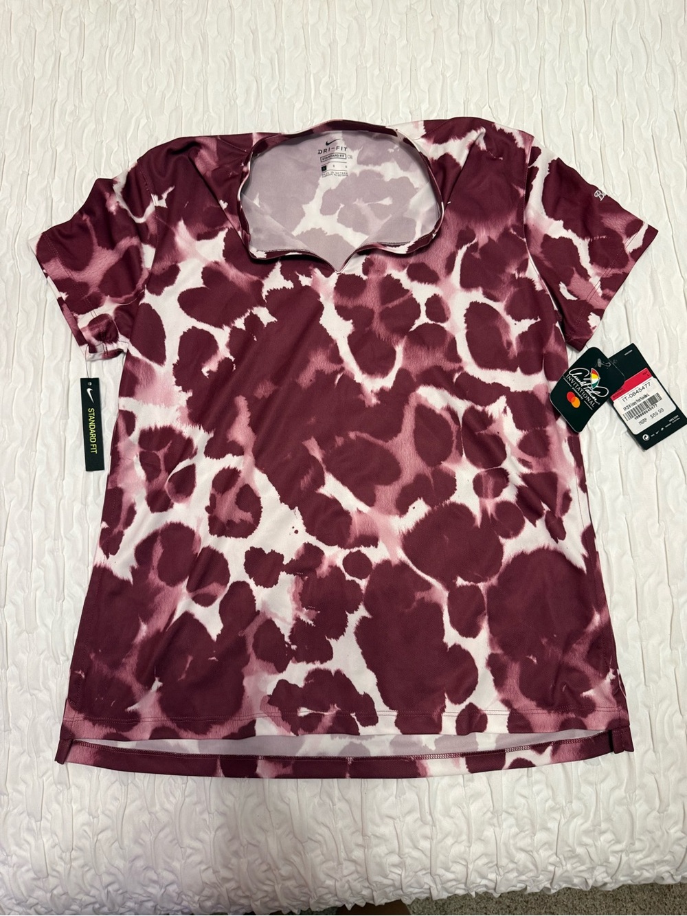 Nike Women's Short Sleeve Tee in Maroon and White Abstract Print